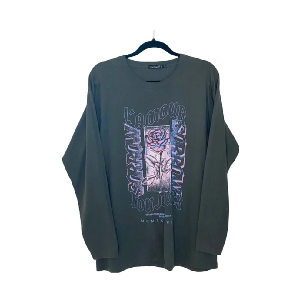 BOOHOO Petites Grey Graphic Long Sleeve Tee LRG - Picture 1 of 5